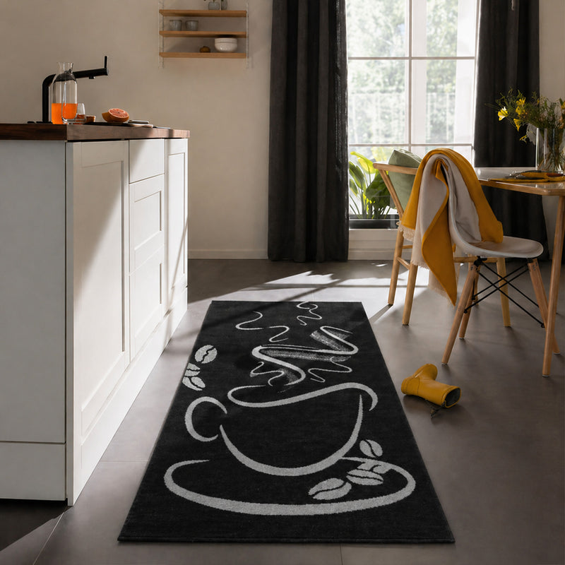 Küchenteppich Trendiger Kaffee Teppich, Cappuccino Muster Tasse Kurzflor in  Braun, Grau &Schwarz-zoom-
