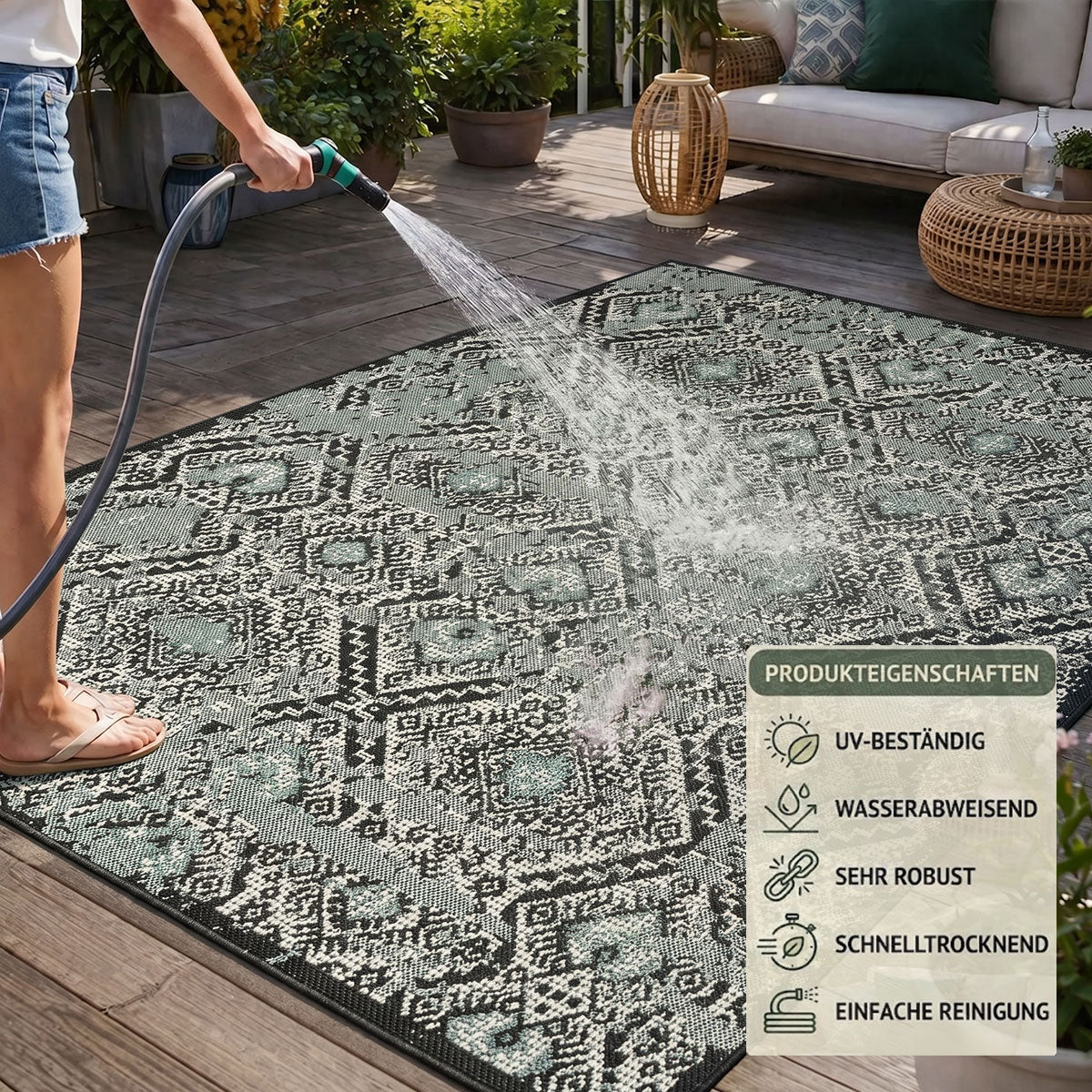 Teppich In- & Outdoor Wetterfest – Balkon Terrasse Garten, Wohnzimmer & Küche -Waschbar-zoom-24