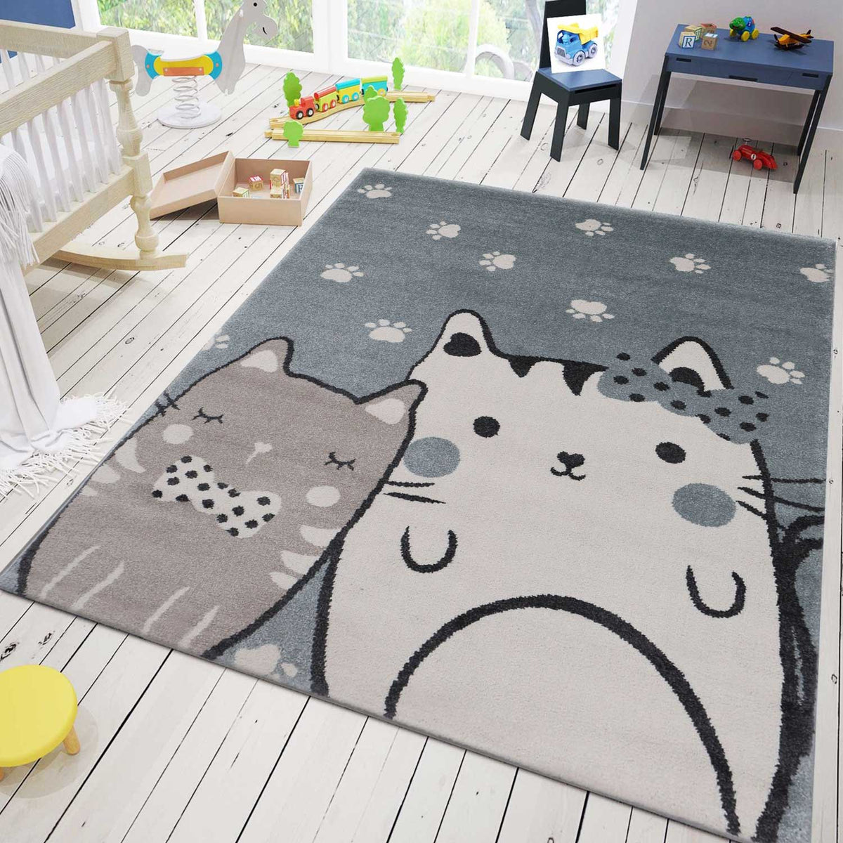 Kids' rug baby rug cat paws cream mint-blue gray