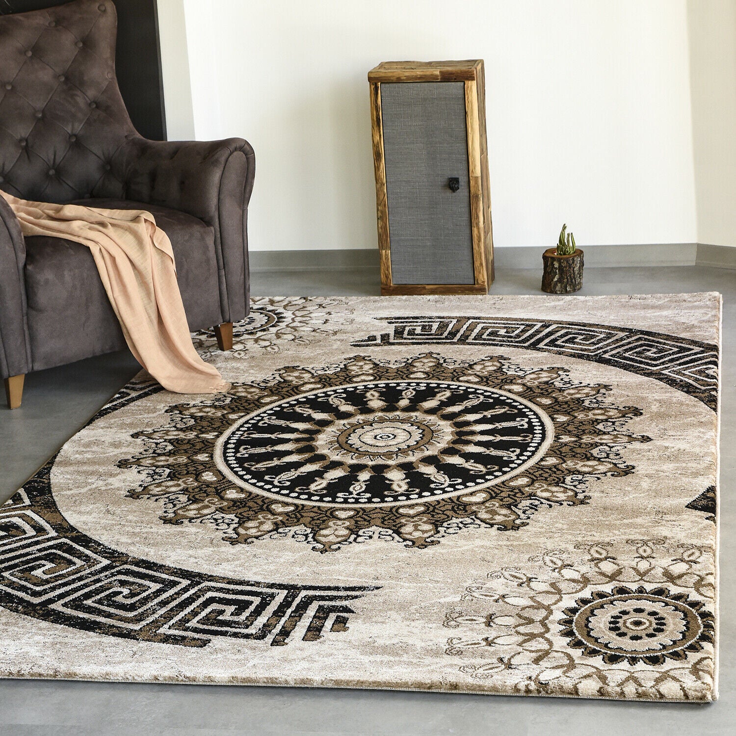 Short-pile rug, classic oriental design, vintage mandala, dark brown, brown, beige, for living room, bedroom-zoom-1