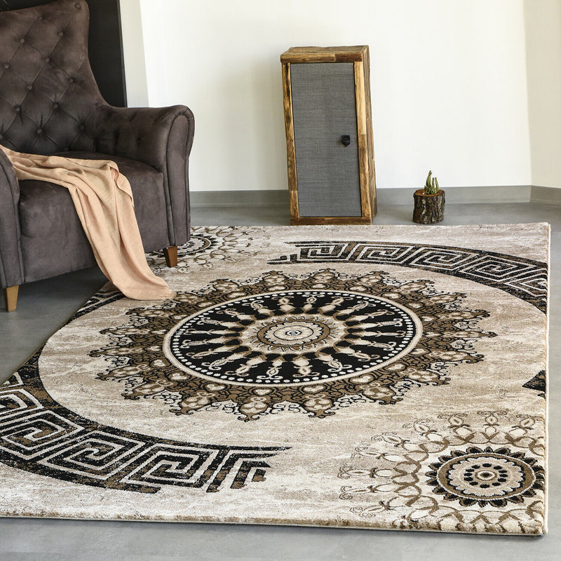 Short-pile rug, classic oriental design, vintage mandala, dark brown, brown, beige, for living room, bedroom-zoom-