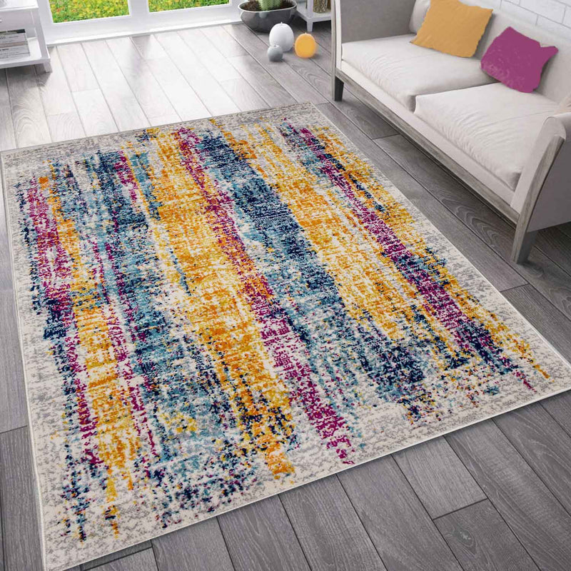 Teppich Kurzflor  Wohnzimmer Bunter Farbmix Used Look Motiv-zoom-