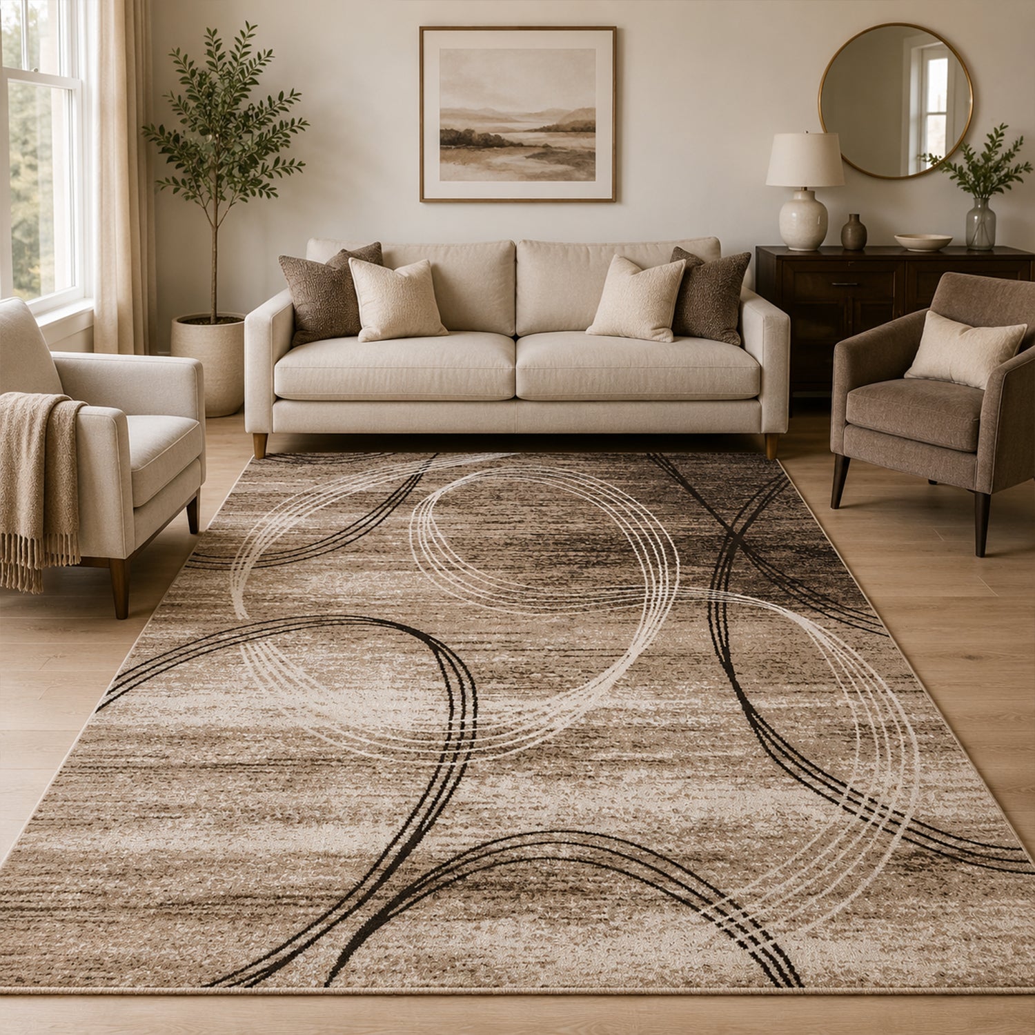Modern short-pile rug, very densely woven, with a circular pattern, mottled in brown and beige.