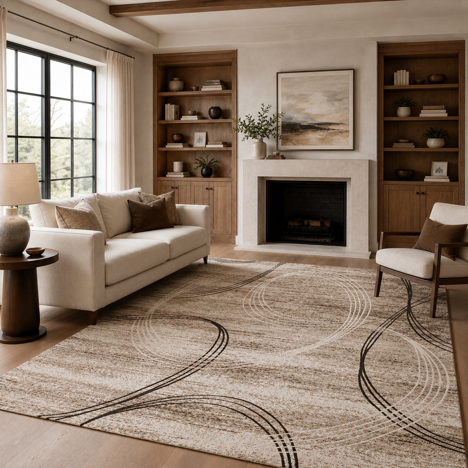 Modern short-pile rug, very densely woven, with a circular pattern, mottled in brown and beige.-zoom-2