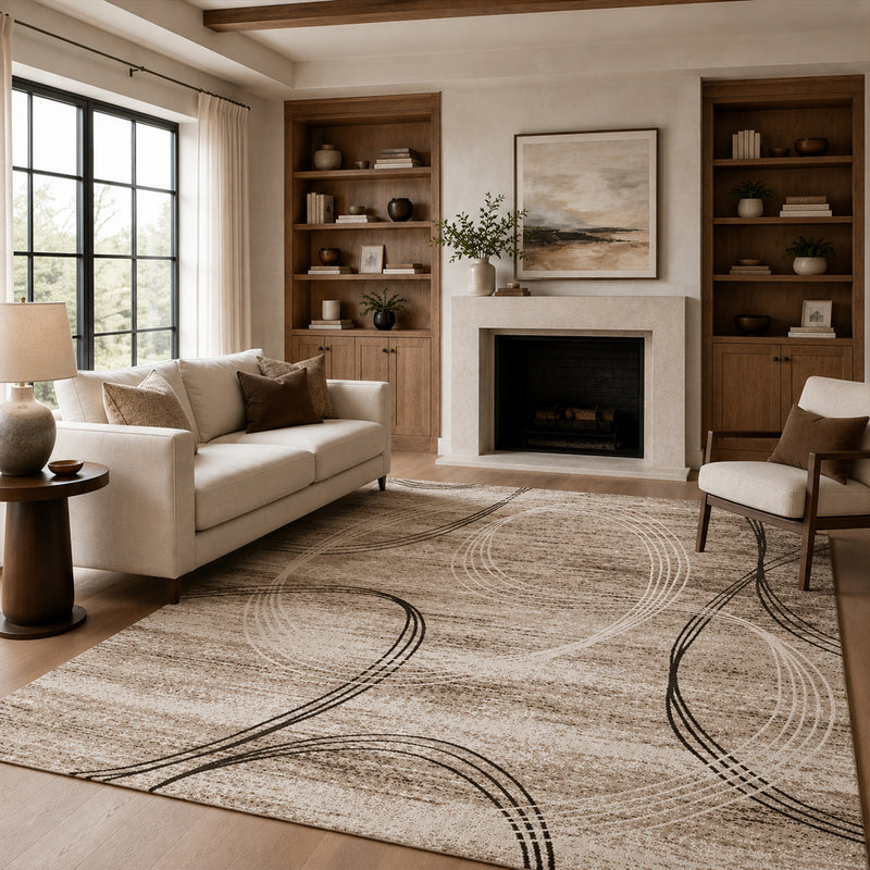 Modern short-pile rug, very densely woven, with a circular pattern, mottled in brown and beige.-zoom-