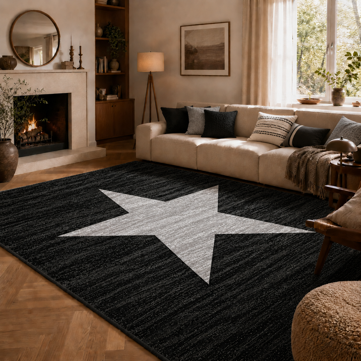 Short-pile rug with a modern star pattern in black, suitable for teenagers' rooms, children's rooms, and living rooms.-zoom-5
