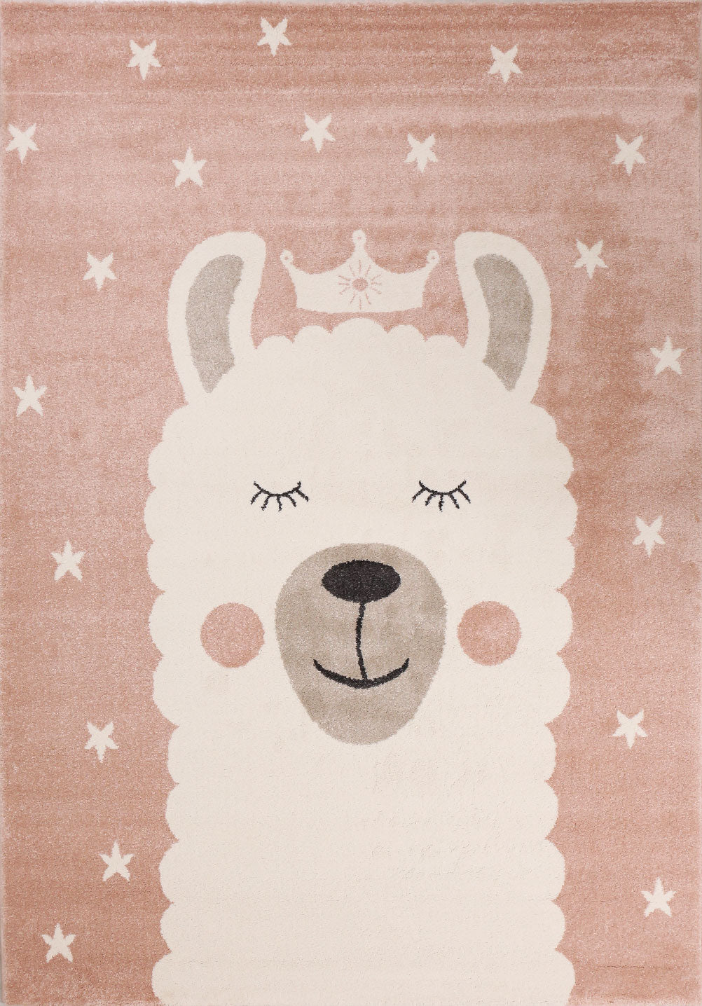 Children's rug, llama, king, stars, playroom, nursery, pink, cream, short pile, soft, fluffy