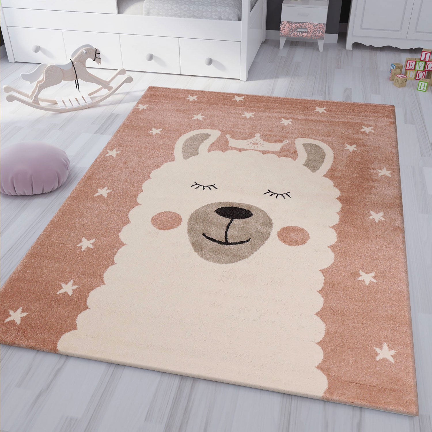 Children's rug, llama, king, stars, playroom, nursery, pink, cream, short pile, soft, fluffy-zoom-1