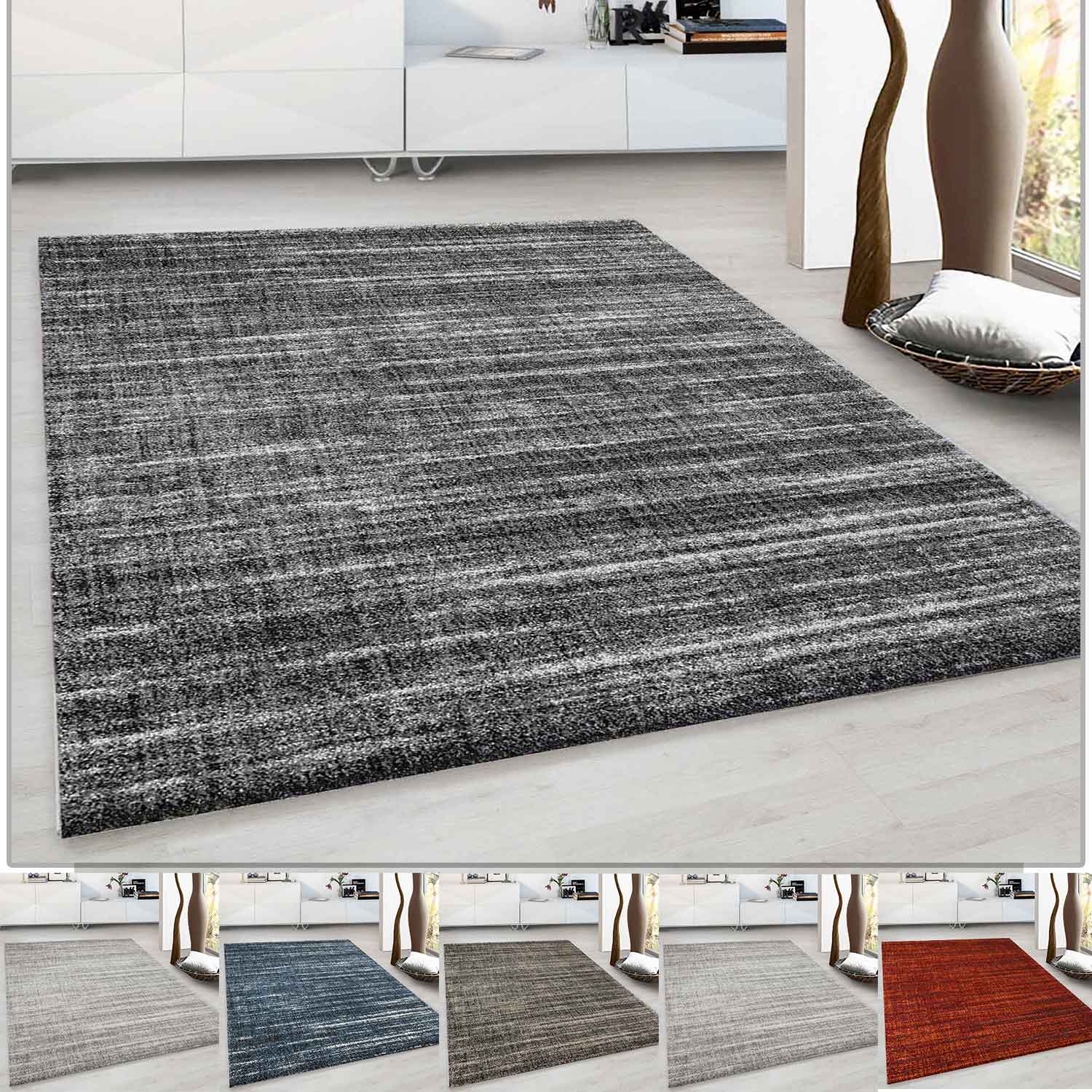 Designer living room rug, soft with dense pile, mottled, various color options