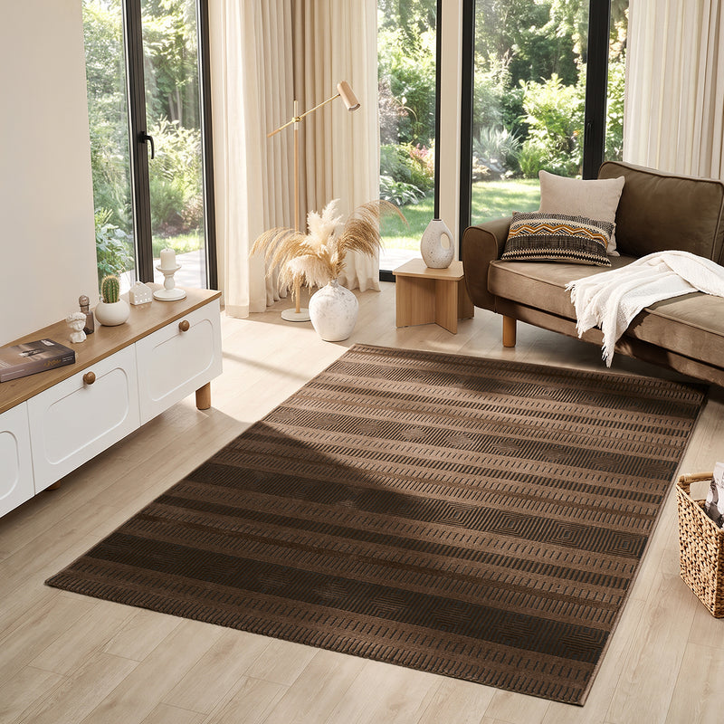 Teppich Modern Wohnzimmer Schlafzimmer Boho 3D Effekt Hoch&Tief Pflegeleicht in Braun-zoom-