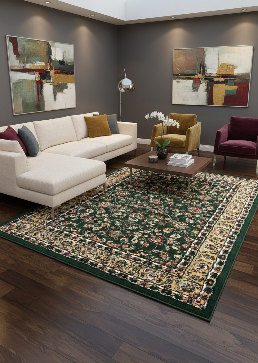Oriental short-pile classic rug for living room, dining room, hallway - green-zoom-1