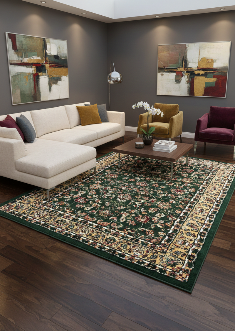 Oriental short-pile classic rug for living room, dining room, hallway - green-zoom-