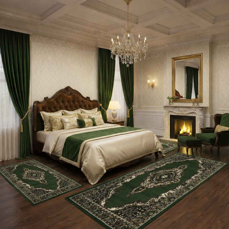 Oriental short-pile classic rug for living room, dining room, hallway - green-zoom-