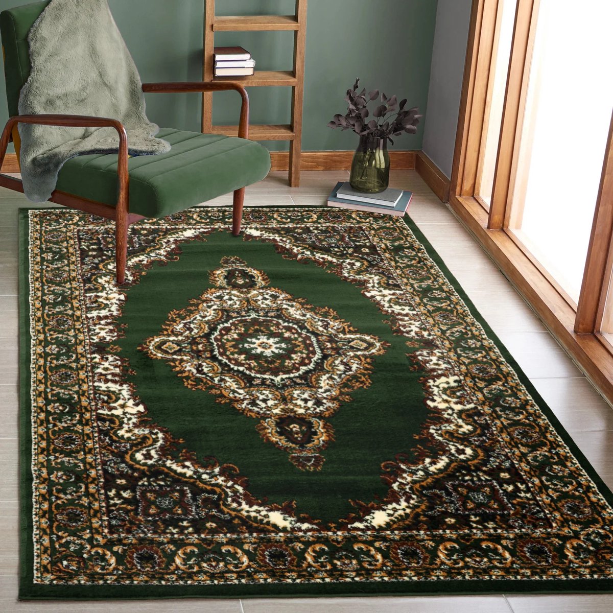 Oriental short-pile classic rug for living room, dining room, hallway - green-zoom-7