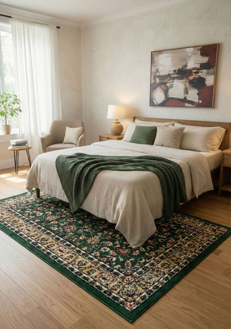 Oriental short-pile classic rug for living room, dining room, hallway - green-zoom-