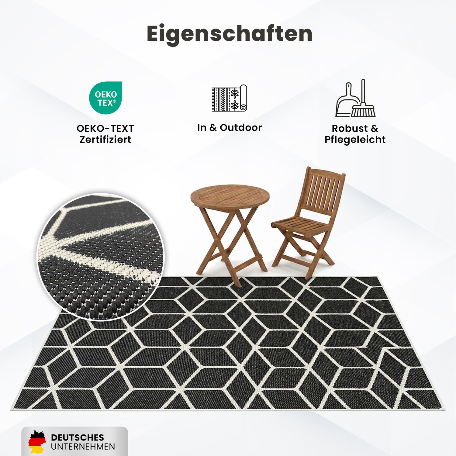 Carpet with diamond pattern, suitable for indoor and outdoor use, robust flat weave, 100% polypropylene, black-5