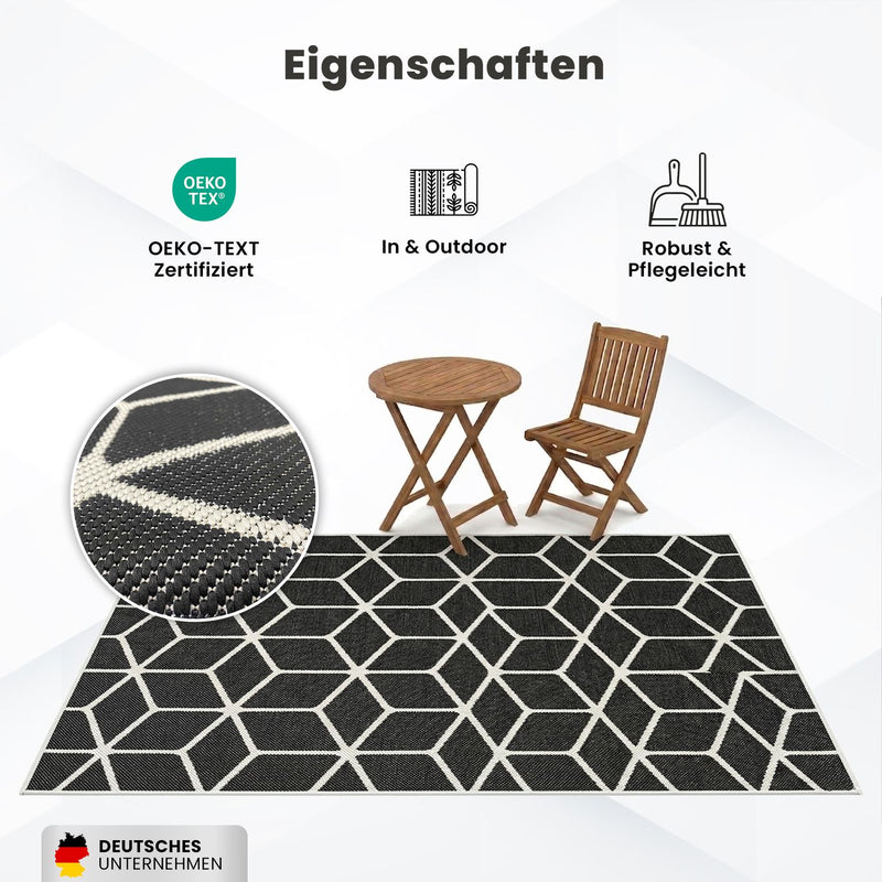 Carpet with diamond pattern, suitable for indoor and outdoor use, robust flat weave, 100% polypropylene, black-zoom-