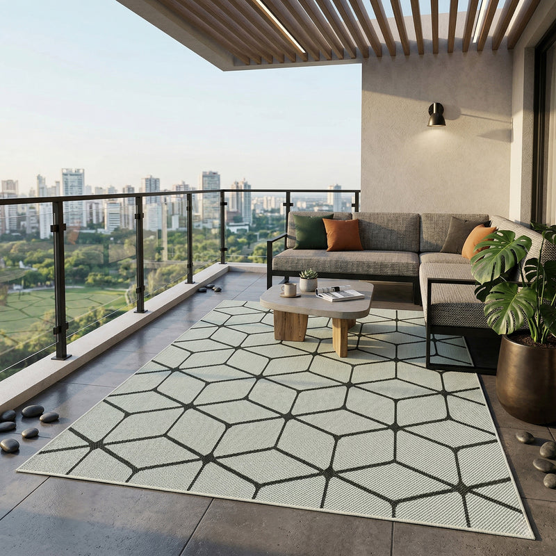 Carpet with diamond pattern, suitable for indoor and outdoor use, robust flat weave, 100% polypropylene, white-zoom-