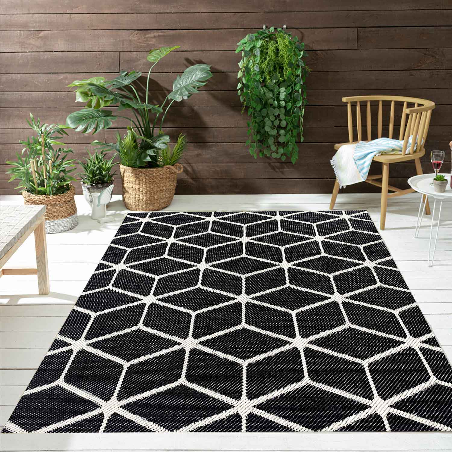 Carpet with diamond pattern, suitable for indoor and outdoor use, robust flat weave, 100% polypropylene, black-zoom-1