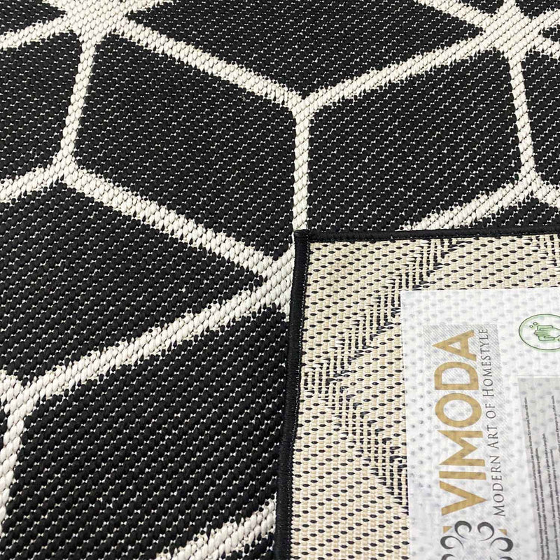 Carpet with diamond pattern, suitable for indoor and outdoor use, robust flat weave, 100% polypropylene, black-zoom-