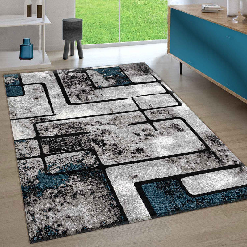 Teppich Turkis Grau Wohnzimmer Vintage Kurzflor Geometrisch Muster Abstrakt Meliert-zoom-