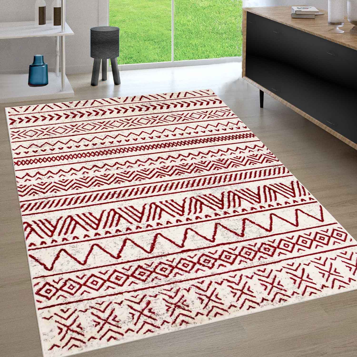 Teppich Vintage Boho - Look Kurzflor Teppich creme / Rot