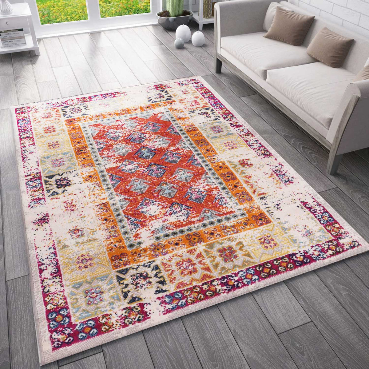 Vintage Look Designer Short Pile Rug Runner Colorful