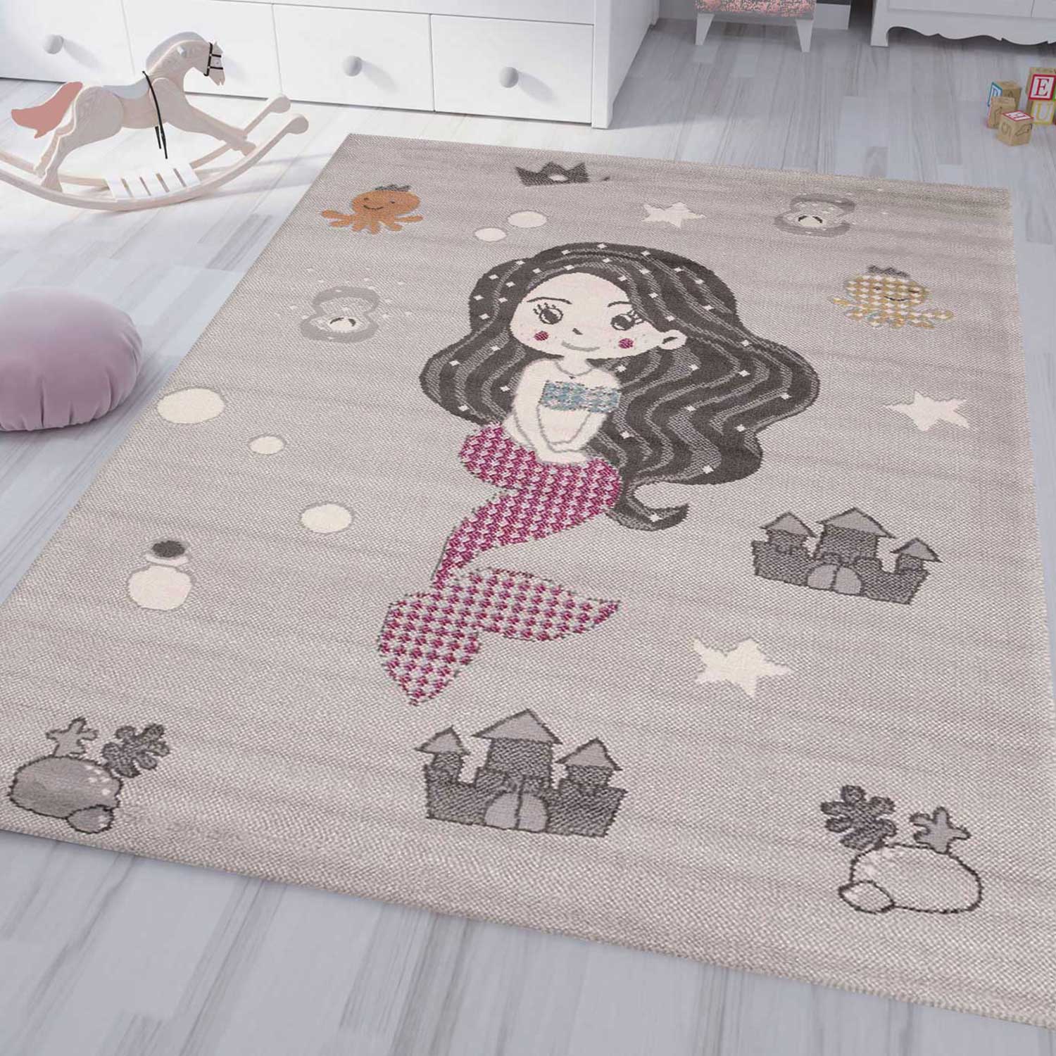 Children's rug, nursery rug, mermaid short pile, baby grey pink-1