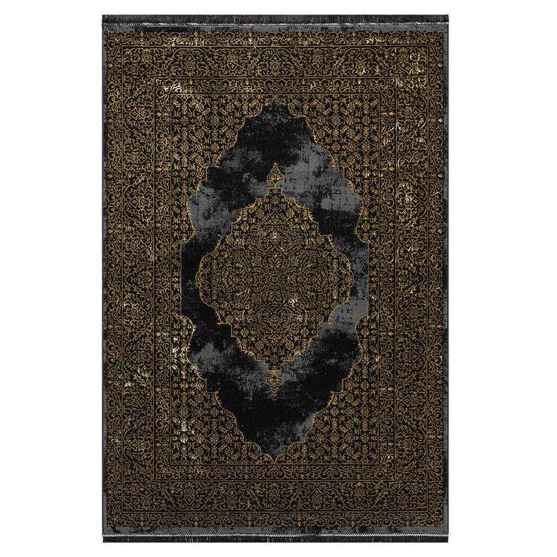 Living room rug with ornamental pattern, elegant golden accent, high-quality, easy-care-zoom-