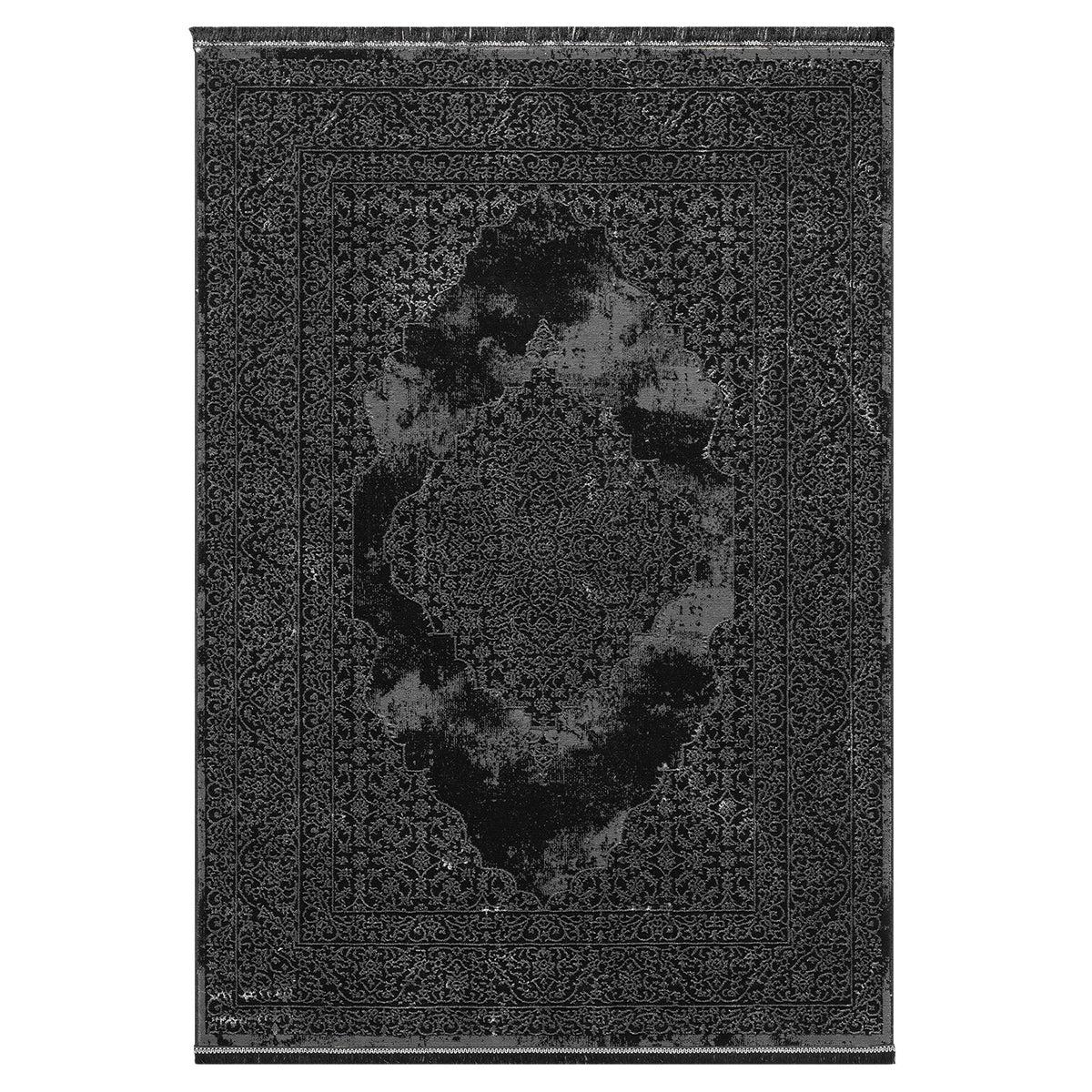 Living room rug with ornamental pattern, elegant golden accent, high-quality, easy-care