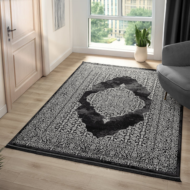 Living room rug with ornamental pattern, elegant golden accent, high-quality, easy-care-zoom-