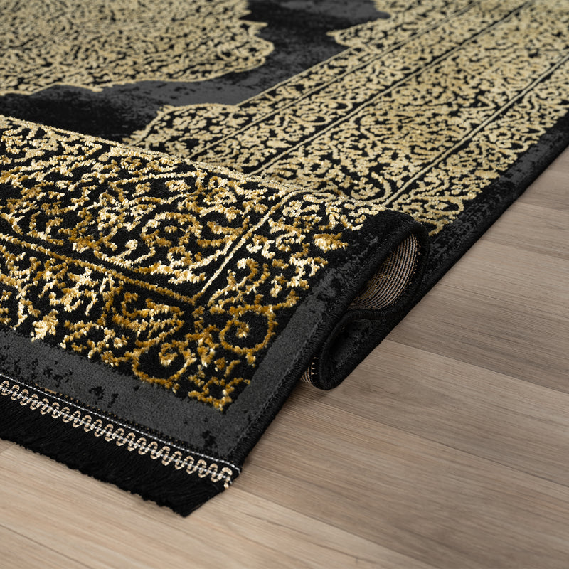 Living room rug with ornamental pattern, elegant golden accent, high-quality, easy-care-zoom-