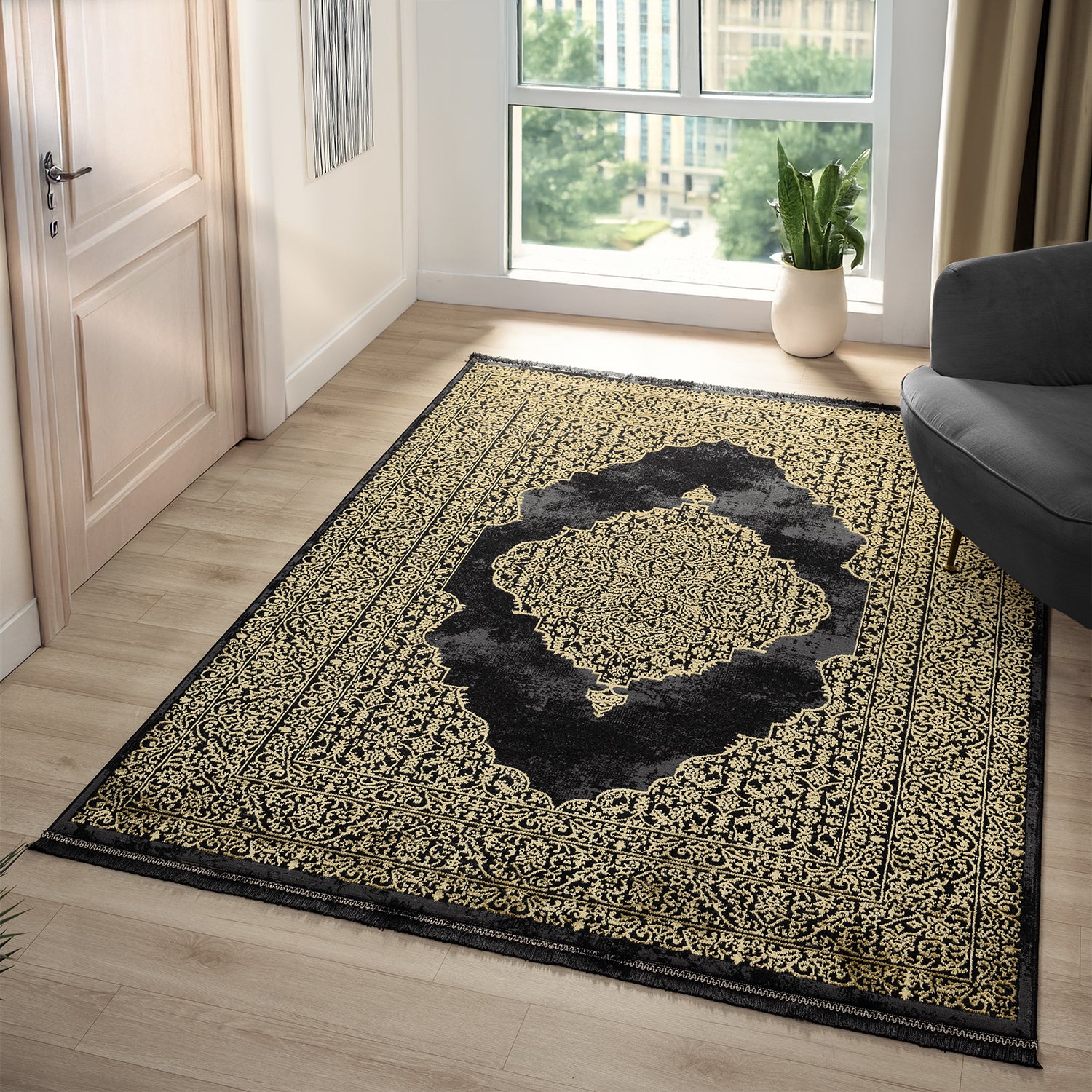 Living room rug with ornamental pattern, elegant golden accent, high-quality, easy-care-zoom-2