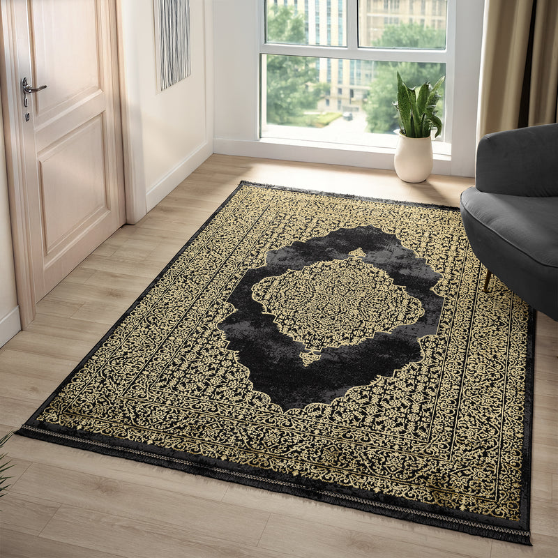 Living room rug with ornamental pattern, elegant golden accent, high-quality, easy-care-zoom-