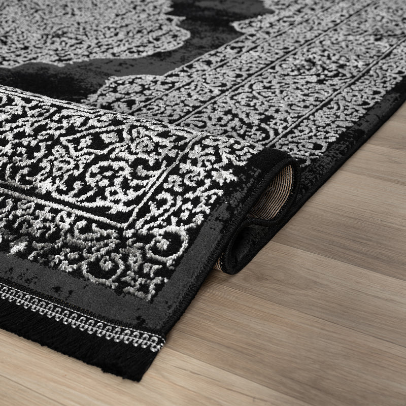 Living room rug with ornamental pattern, elegant golden accent, high-quality, easy-care-zoom-