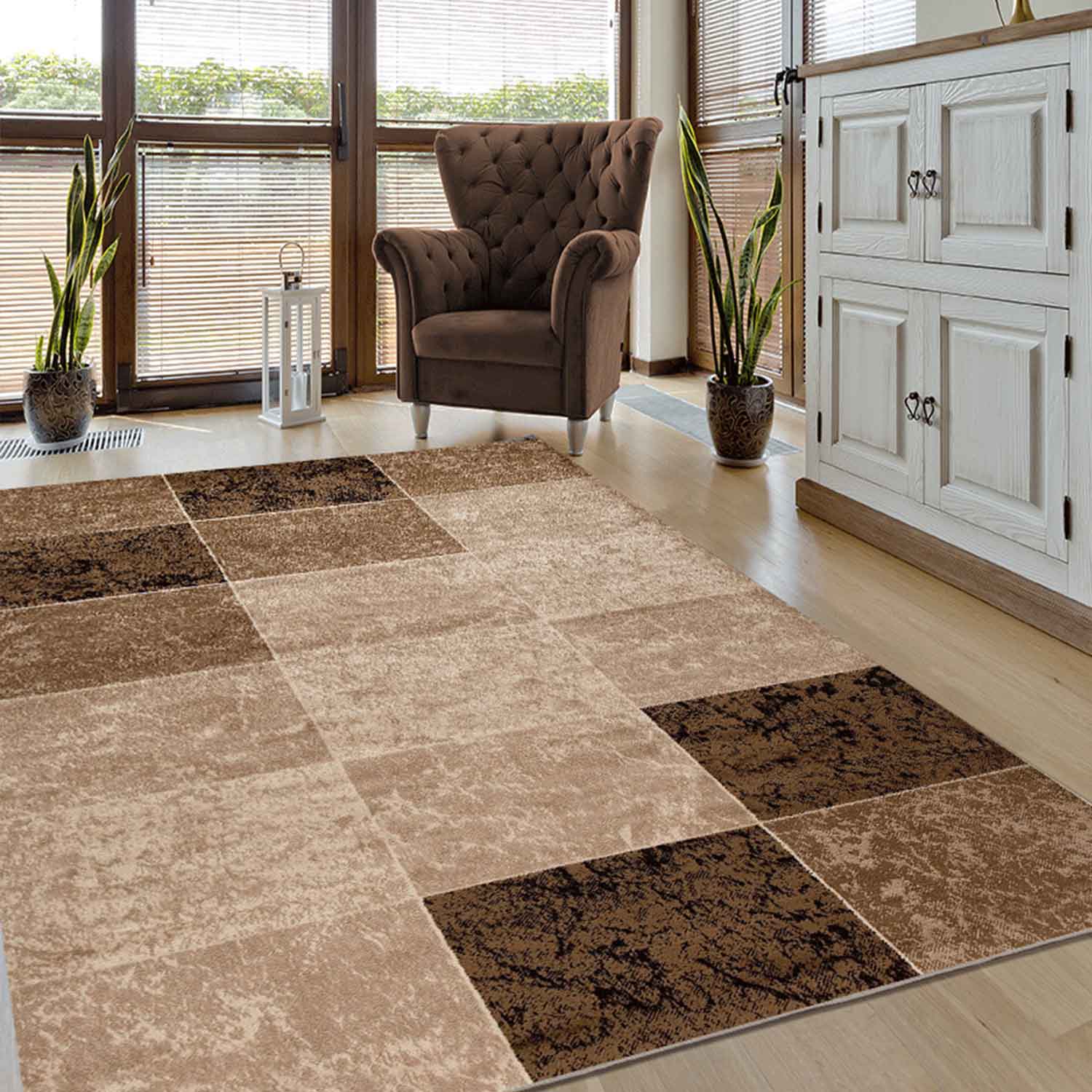 Beige living room rug, modern designer rug with marble pattern, checkered and mottled