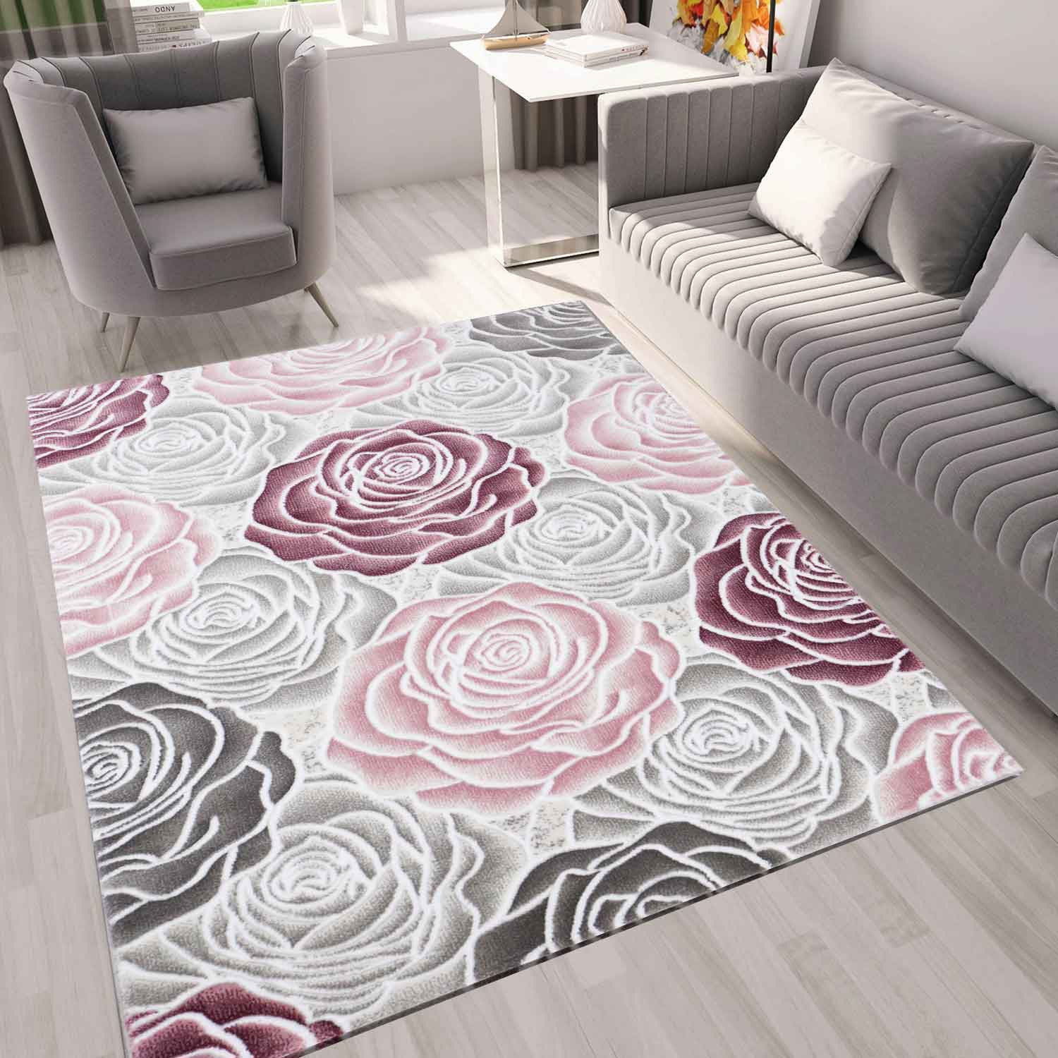 Teppich Wohnzimmer Floral Rosen Muster in Rosa Pink Creme Grau Schwarz Anthrazit mit Glanzfaser-zoom-2