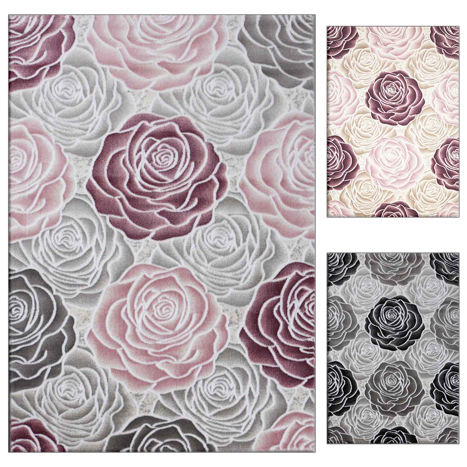 Teppich Wohnzimmer Floral Rosen Muster in Rosa Pink Creme Grau Schwarz Anthrazit mit Glanzfaser-1