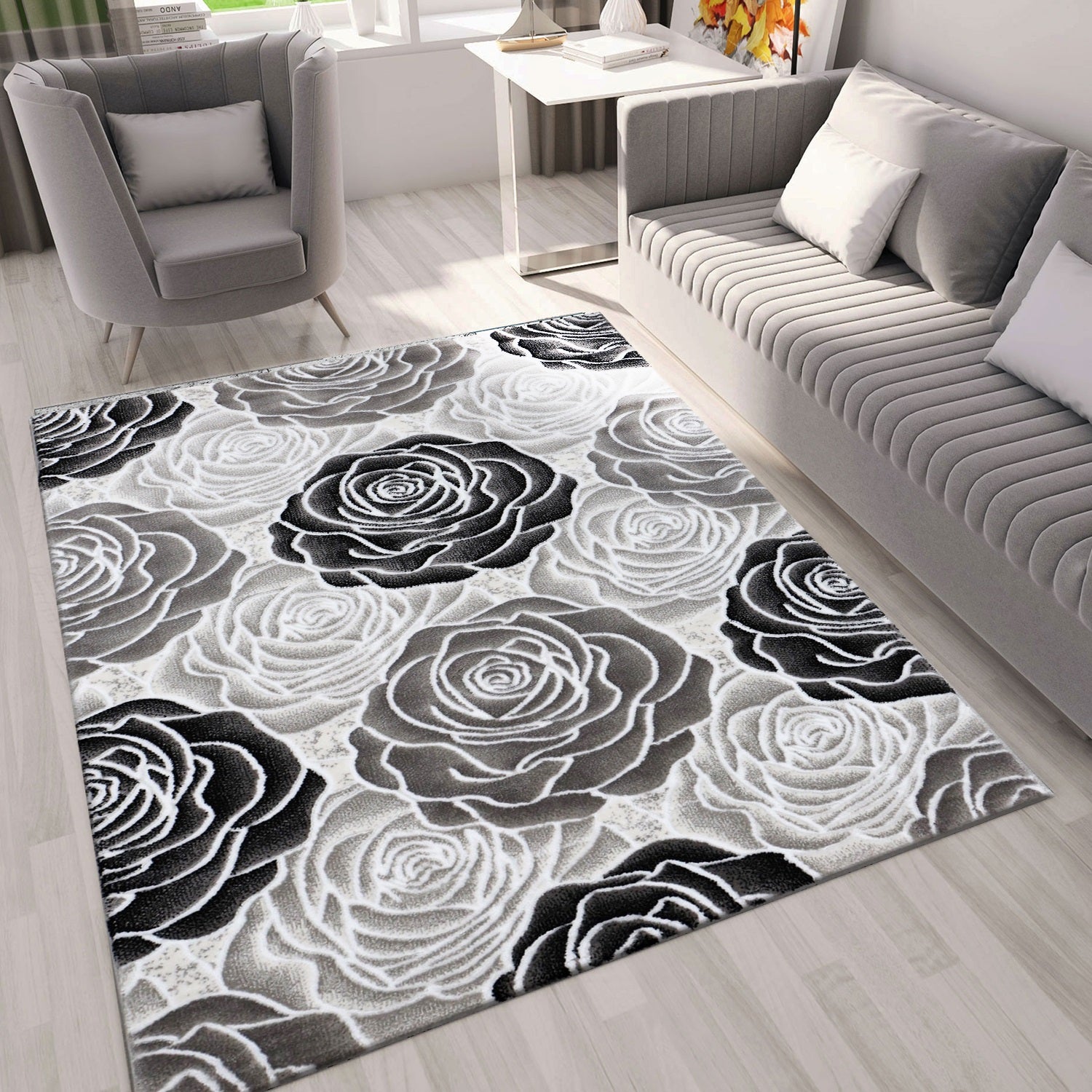 Teppich Wohnzimmer Floral Rosen Muster in Rosa Pink Creme Grau Schwarz Anthrazit mit Glanzfaser-7