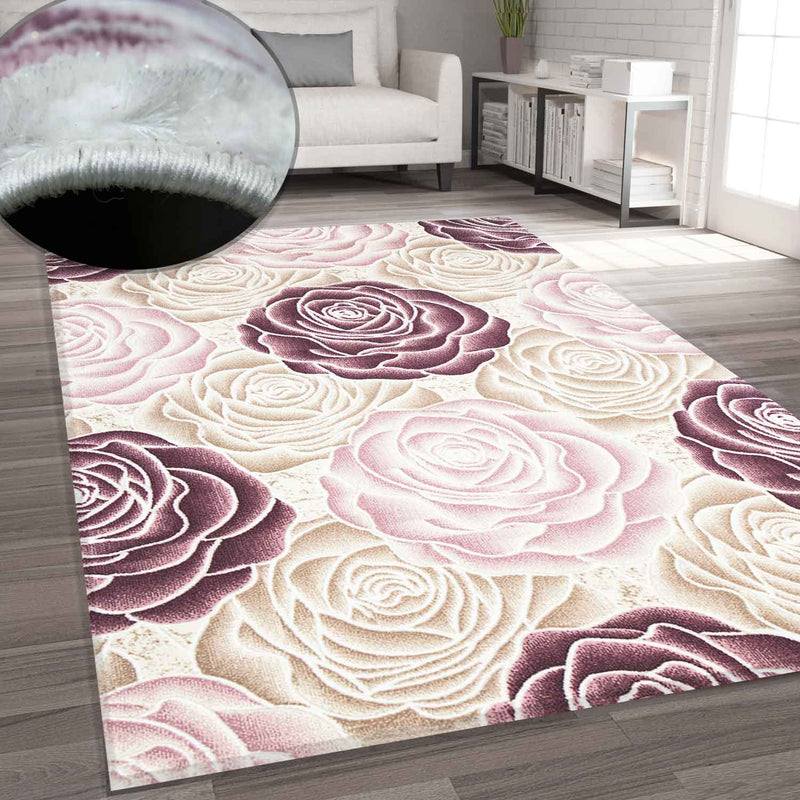 Teppich Wohnzimmer Floral Rosen Muster in Rosa Pink Creme Grau Schwarz Anthrazit mit Glanzfaser-zoom-