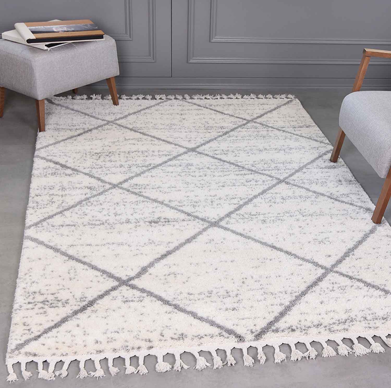 Living room rug, microfiber, soft melange with fringes, grey & cream-zoom-1