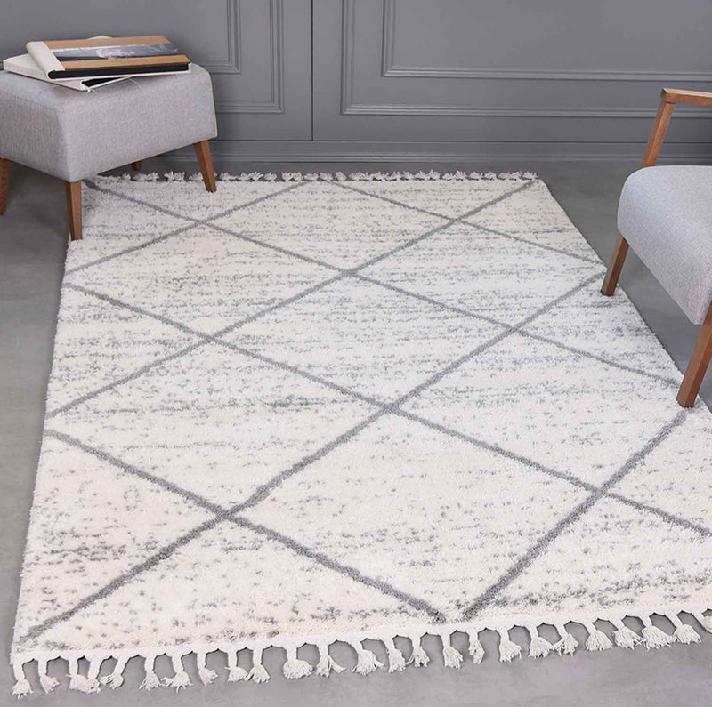 Living room rug, microfiber, soft melange with fringes, grey & cream-zoom-