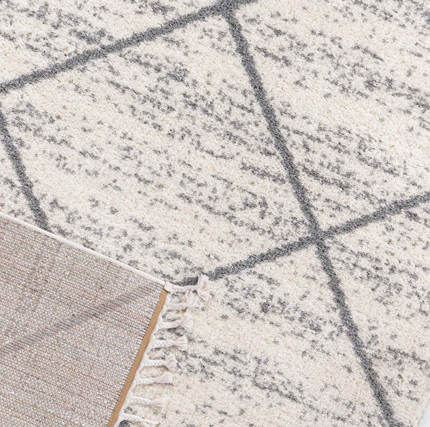 Living room rug, microfiber, soft melange with fringes, grey & cream