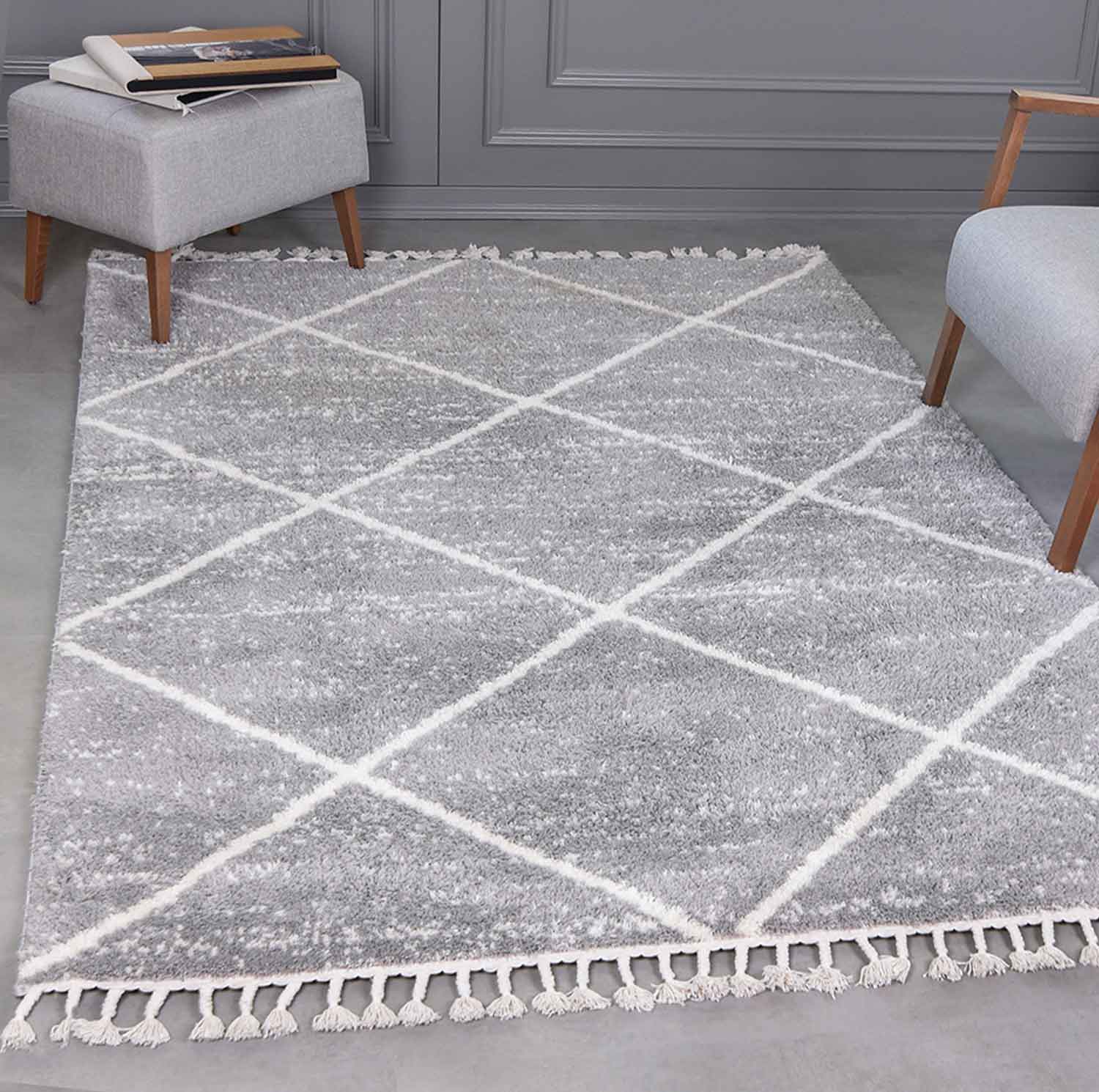Living room rug, microfiber, soft melange with fringes, grey & cream