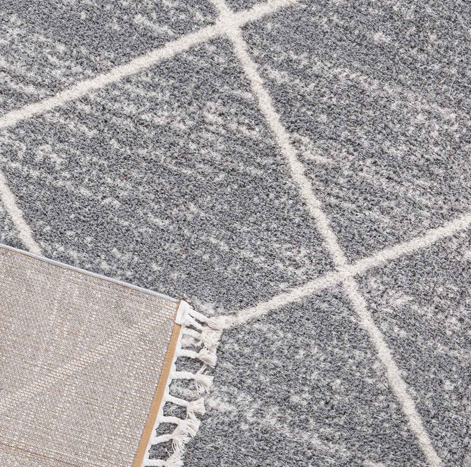 Living room rug, microfiber, soft melange with fringes, grey & cream-6