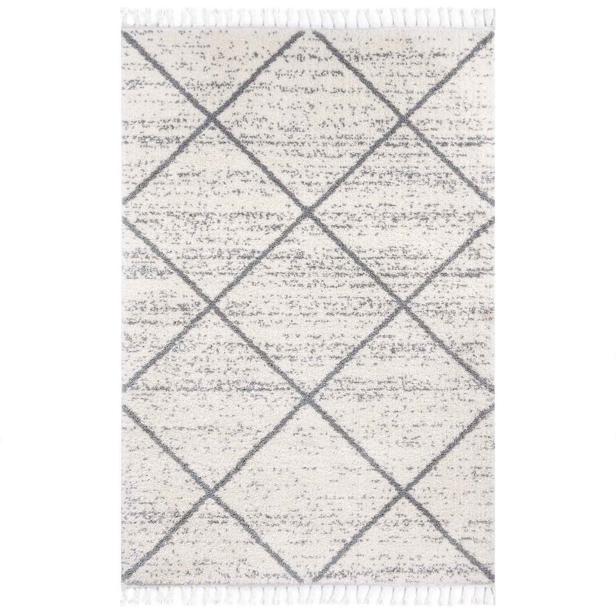 Living room rug, microfiber, soft melange with fringes, grey & cream