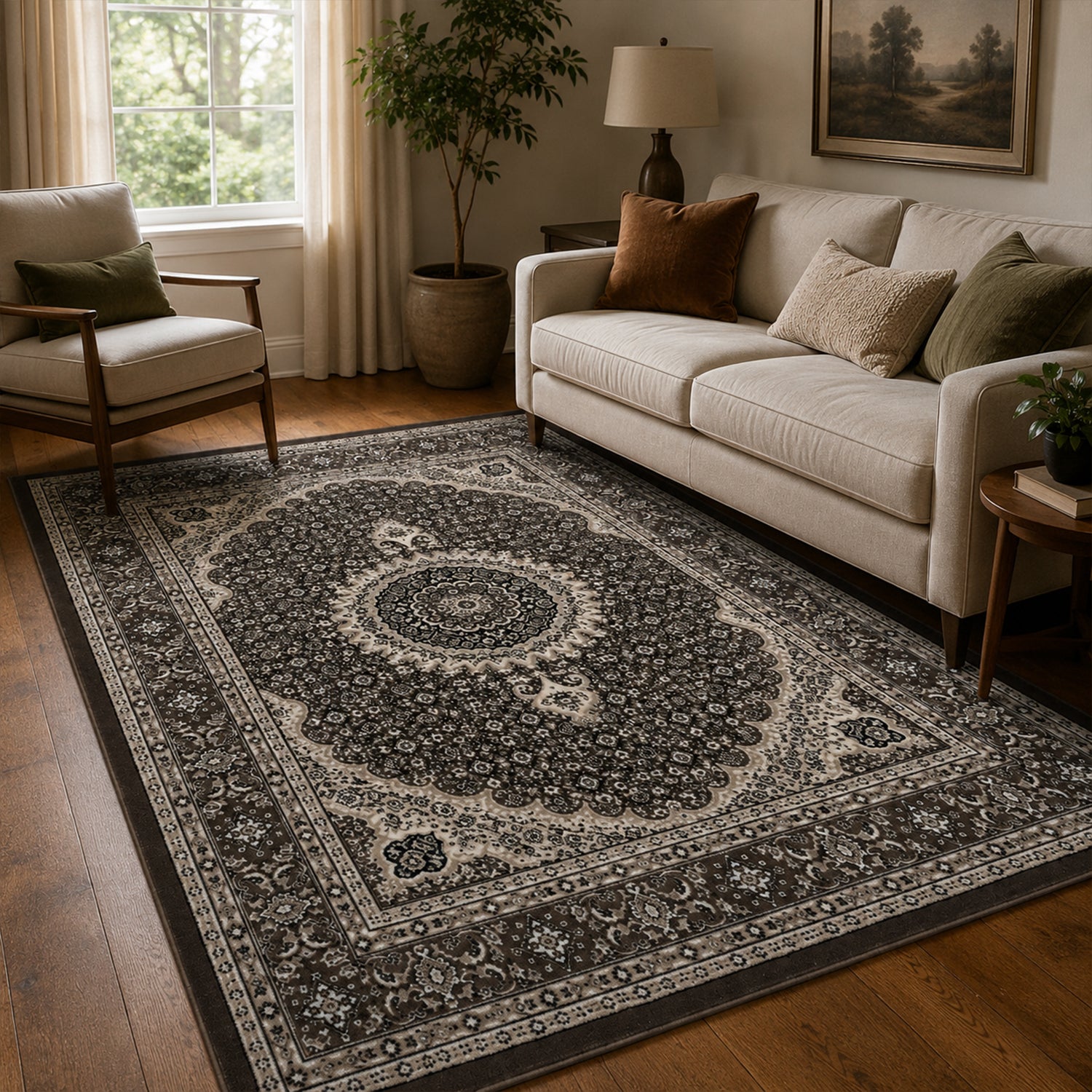 Living room rug, oriental style, ornamental border, brown and beige-1