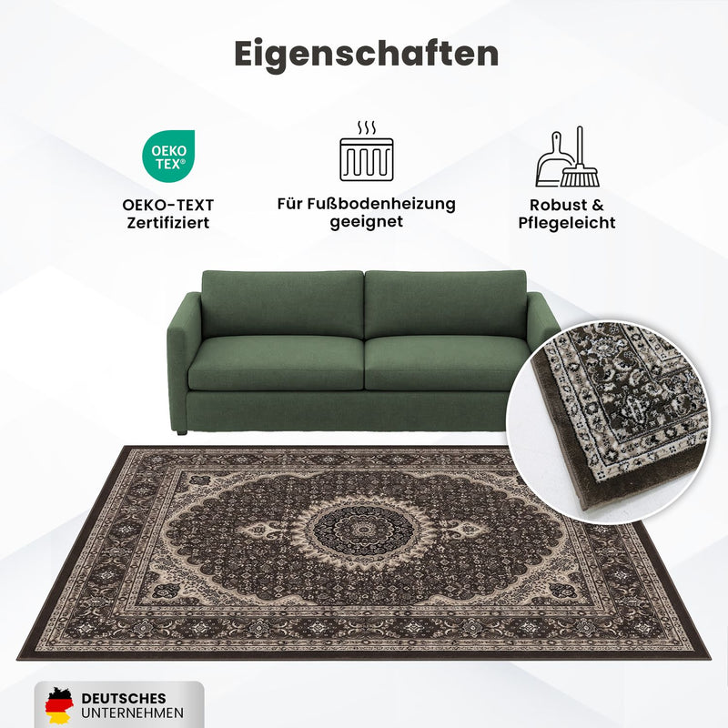 Living room rug, oriental style, ornamental border, brown and beige-zoom-