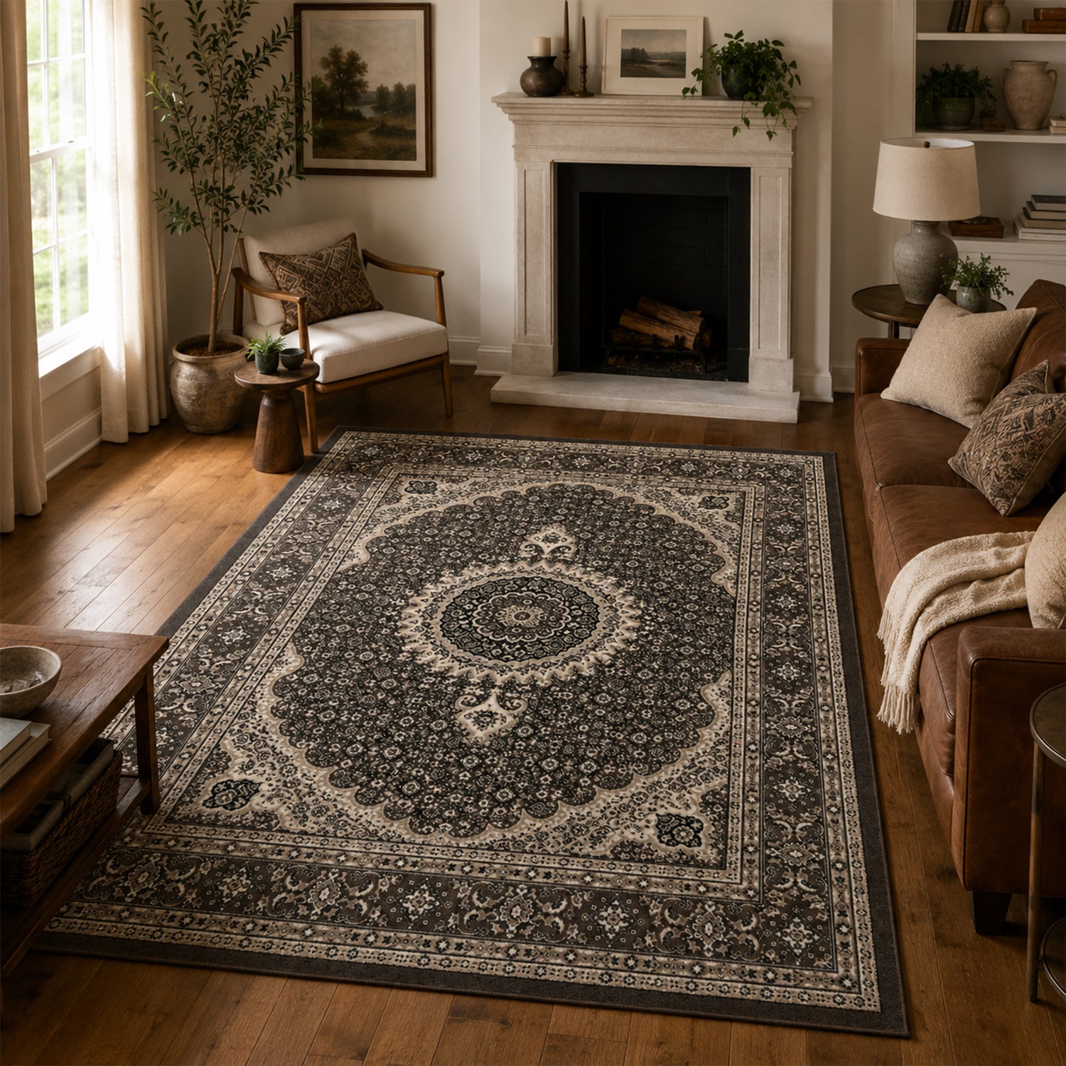 Living room rug, oriental style, ornamental border, brown and beige-zoom-3