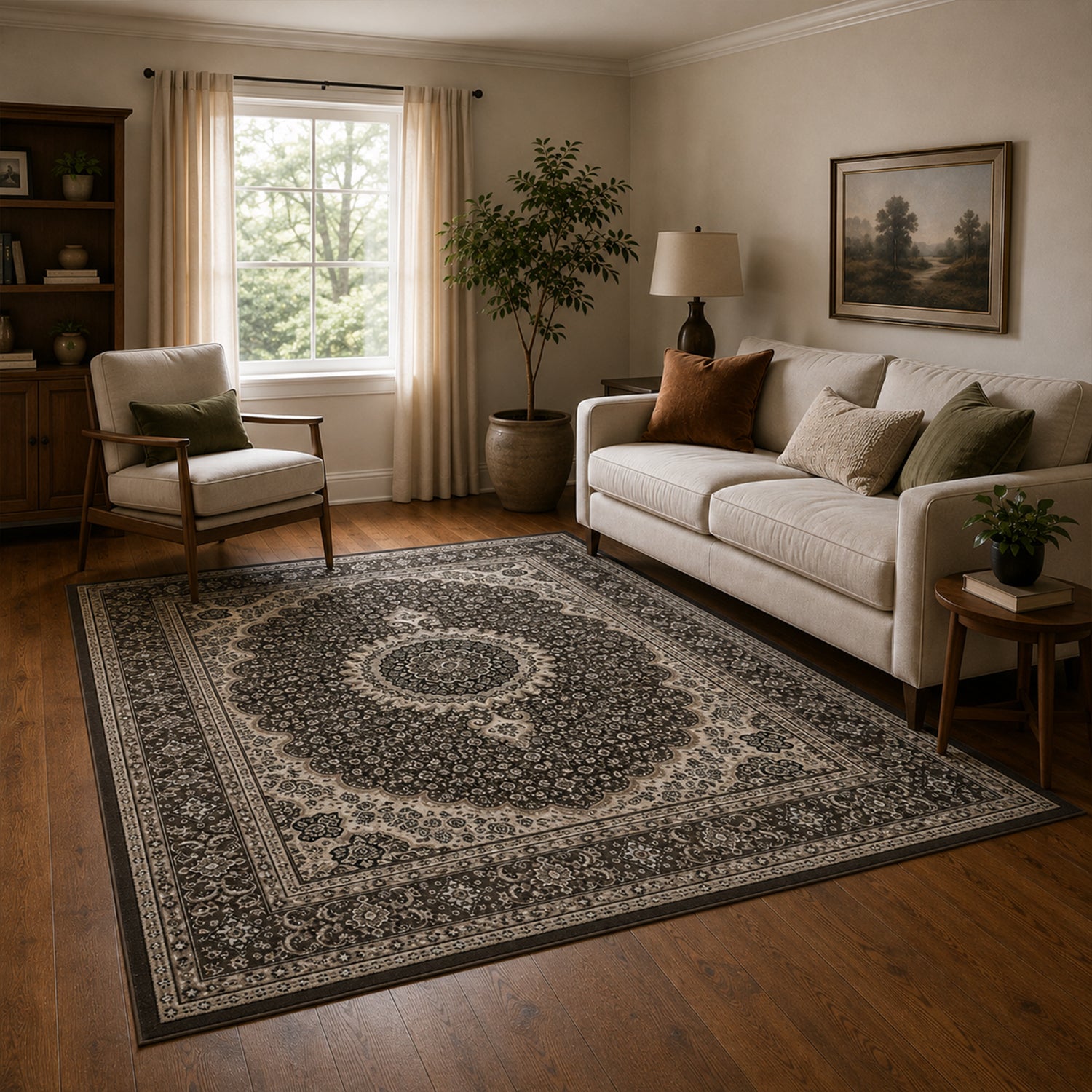 Living room rug, oriental style, ornamental border, brown and beige-2